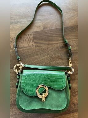 Topshop Green Croc-Textured Suede Crossbody with Gold Ring